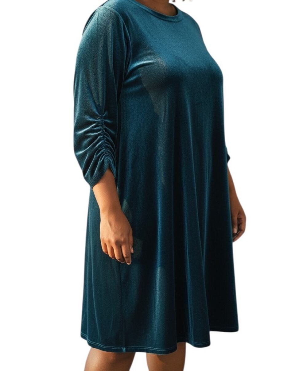 SUSAN GRAVER Women's Plus 2X Velvet Dress Shift Midi Forest Green Ruched Sleeve